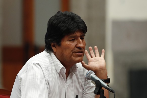 epa07993696 Former Presidente of Bolivia Evo Morales gives a press conference in Mexico City, Mexico, 13 November 2019. Morales defended his electoral triumph in the elections of past October and accu ...