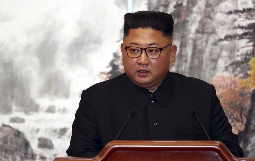 FILE - In this Sept. 19, 2018 file photo. North Korean leader Kim Jong Un speaks during a joint press conference with South Korean President Moon Jae-in at the Paekhwawon State Guesthouse in Pyongyang ...