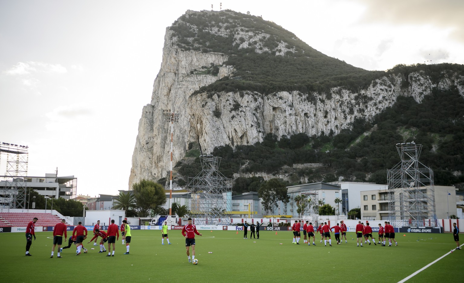 epa08003175 Gibraltar players in action during a training session one day prior to the UEFA Euro 2020 qualifying Group D soccer match between Gibraltar and Switzerland, at the Victoria Stadium, in Gib ...