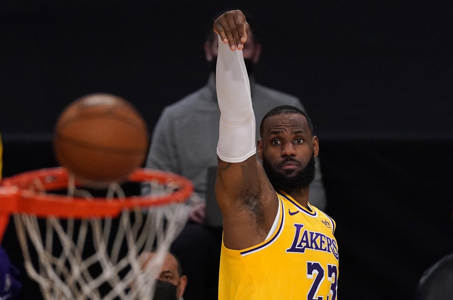 Los Angeles Lakers forward LeBron James shoots during the first half of an NBA basketball game against the Oklahoma City Thunder Monday, Feb. 8, 2021, in Los Angeles. (AP Photo/Mark J. Terrill)
LeBron ...