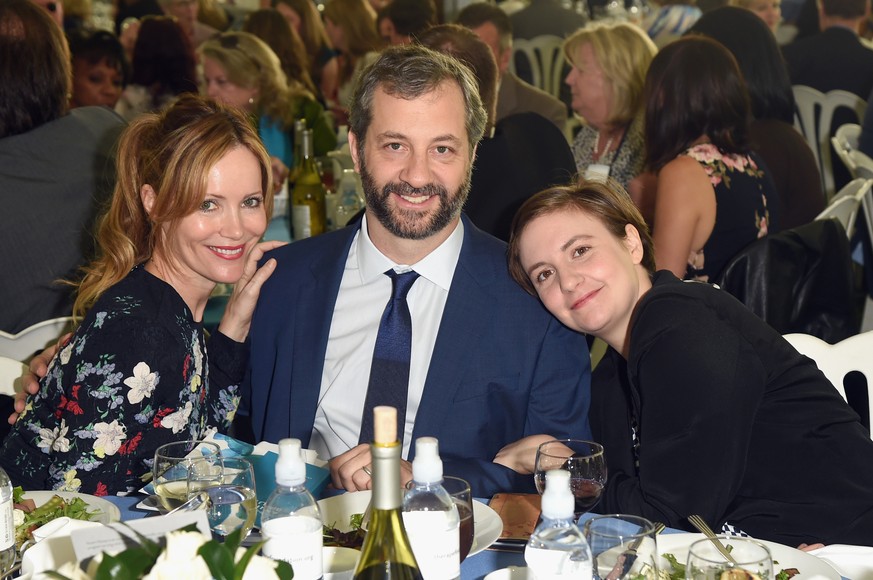 BEVERLY HILLS, CA - OCTOBER 04: (L-R) Actress Leslie Mann, honoree Judd Apatow and actress/writer Lena Dunham attend The Rape Foundation&#039;s annual brunch at Greenacres, The Private Estate of Ron B ...