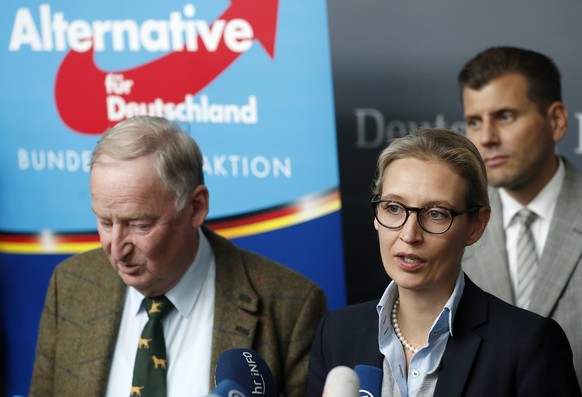 epa06227606 The co-top candidates for the general elections of the Alternative for Germany (AfD), Alice Weidel (R) and Alexander Gauland (L), address the media at the beginning of the first parliament ...