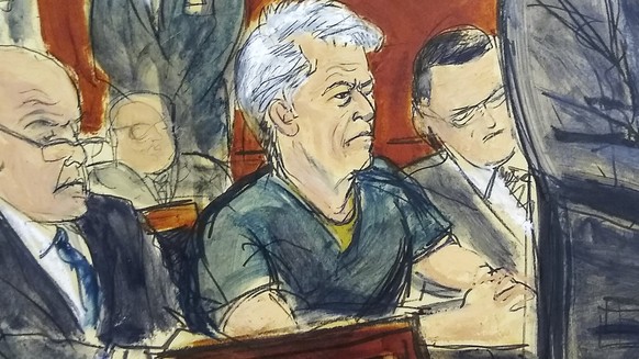 In this courtroom artist&#039;s sketch, defendant Jeffrey Epstein, center, listens as Assistant U.S. Attorney Alex Rossmiller, right, addresses the court during Epstein&#039;s arraignment, Monday, Jul ...
