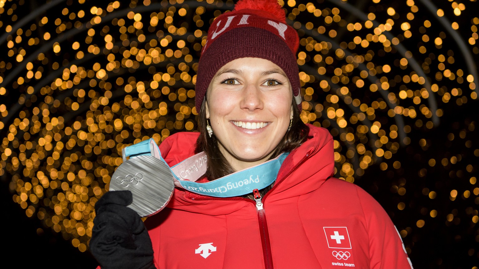 Silver medal, Wendy Holdener of Switzerland poses at the House of Switzerland after the women Alpine Skiing slalom race during the XXIII Winter Olympics 2018 in Pyeongchang, South Korea, on Friday, Fe ...