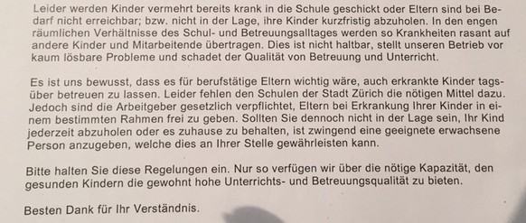 Solche Briefe hat die Zürcher Primarschule an die Eltern verschickt.