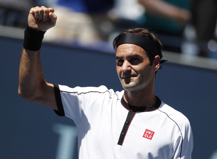 epa07805106 Roger Federer of Switzerland reacts after defeating Daniel Evans of Great Britain during their match on the fifth day of the US Open Tennis Championships the USTA National Tennis Center in ...