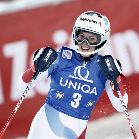 Switzerland&#039;s Michelle Gisin gets to the finish area after completing an alpine ski, women&#039;s World Cup slalom, in Semmering, Austria, Tuesday, Dec. 29, 2020. (AP Photo/Gabriele Facciotti)