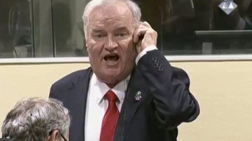 epa06344178 A screen crab taken from a handout video provided by the International Criminal Tribunal for Former Yugoslavia (ICTY) shows former Bosnian Serb military chief Ratko Mladic shouting at the  ...