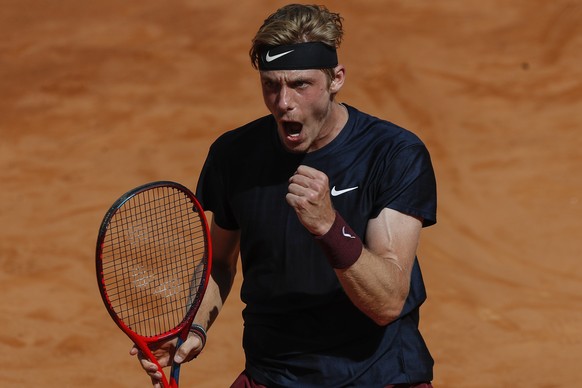 Canada&#039;s Denis Shapovalov celebrates winning a point to Spain&#039;s Rafael Nadal during their 3rd round match at the Italian Open tennis tournament, in Rome, Thursday, May 13, 2021. (AP Photo/Al ...
