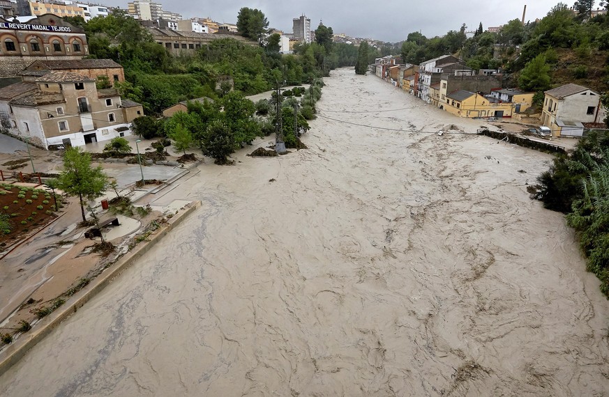epa07836647 View of the Clariano river after the heavy rains registered in Ontinyent, Valencia, Spain, 12 September 2019. Up to 297 liters per square meter have been registered in 24 hours in Ontinyen ...