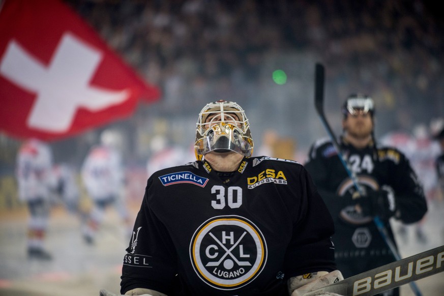 Lugano&#039;s goalkeeper Elvis Merzlikins during the third match of the playoff final of the National League of the ice hockey Swiss Championship between the HC Lugano and the ZSC Lions, at the ice st ...