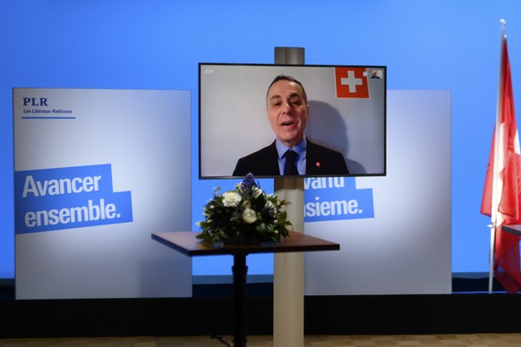 Bundesrat Ignazio Cassis, in livestream, spricht waehrend der Delegiertenversammlung der FDP. Die Liberalen, am Samstag, 6. Februar 2021, in Bern. Mit Blick auf die steigenden Corona-Fallzahlen und zu ...