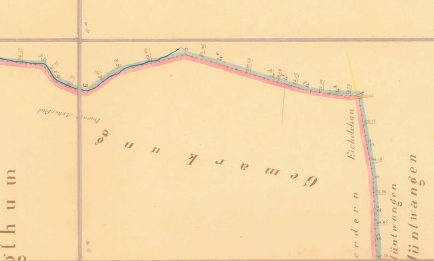 Karte: Ausschnitt des beschriebenen Grenzabschnittes mit Vermassung auf dem Plan der Begehung von 1858.