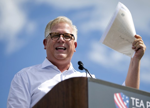 FILE - In this Wednesday Sept. 9, 2015, file photo, radio host Glenn Beck speaks during a Tea Party rally against the Iran deal on the West Lawn of the Capitol in Washington. SiriusXM announced May 31 ...