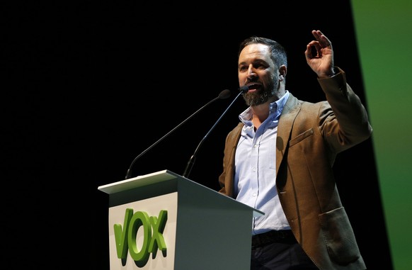 Santiago Abascal the national president of VOX delivers his speech during a rally of the fledging far-right party VOX in Madrid, Spain, Sunday, Oct. 7, 2018. Thousands of Spaniards have attended a ral ...
