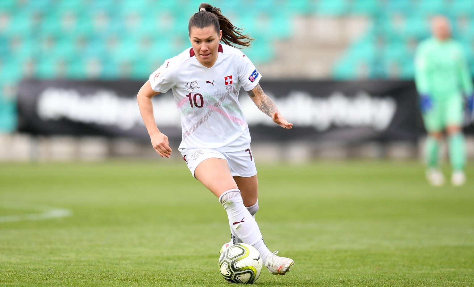 Chomutov, Czech Republic, April Ramona Bachmann 10 Switzerland controls the ball actionduring the UEFA Womens Championship Qualifier Playoff game between Czech Republic and Switzerland at Venue Letn s ...