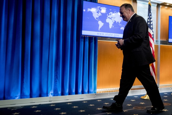Secretary of State Mike Pompeo, leaves a news conference at the State Department in Washington, Monday, Nov. 18, 2019. Pompeo spoke about Iran, Iraq, Israeli settlements in the West Bank, protests in  ...