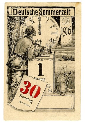 Postkarte zur Einführung der Sommerzeit in Deutschland am 30. April 1916