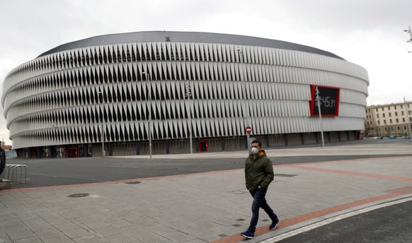 epa08301510 General view of San Mames stadium, one of the 12 official venues for the UEFA EURO 2020, in Bilbao, the Basque Country, Spain, 17 March 2020. UEFA President Aleksander Ceferin announced ea ...