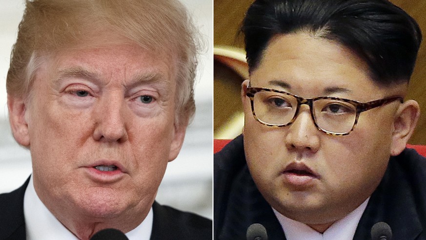 FILE - This combination of two file photos shows U.S. President Donald Trump, left, speaking in the State Dining Room of the White House, in Washington on Feb. 26, 2018, and North Korean leader Kim Jo ...