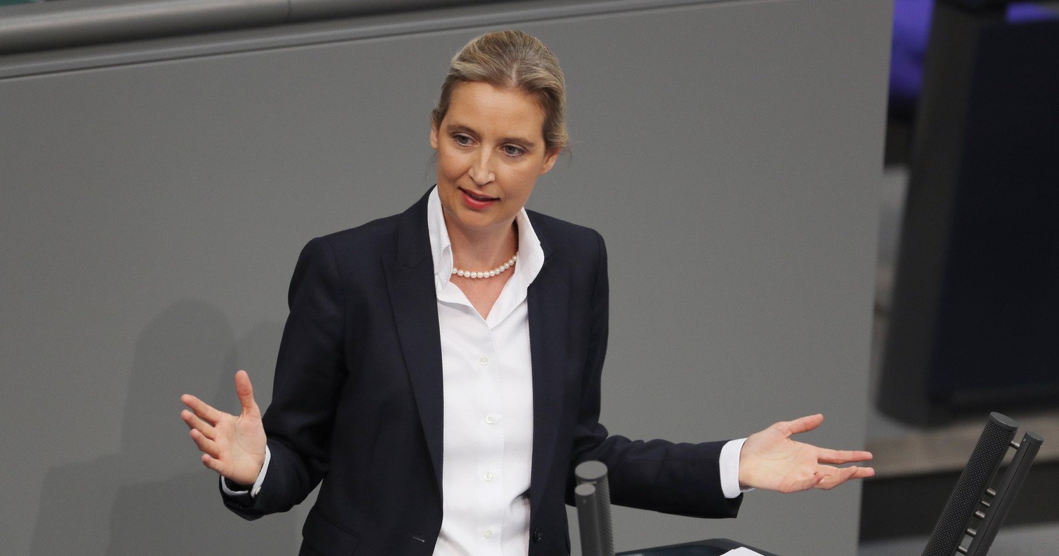 epa07452500 Alternative fuer Deutschland party (AfD) faction co-chairwoman in the German parliament Bundestag Alice Weidel speaks during a session of the German parliament &#039;Bundestag&#039; in Ber ...