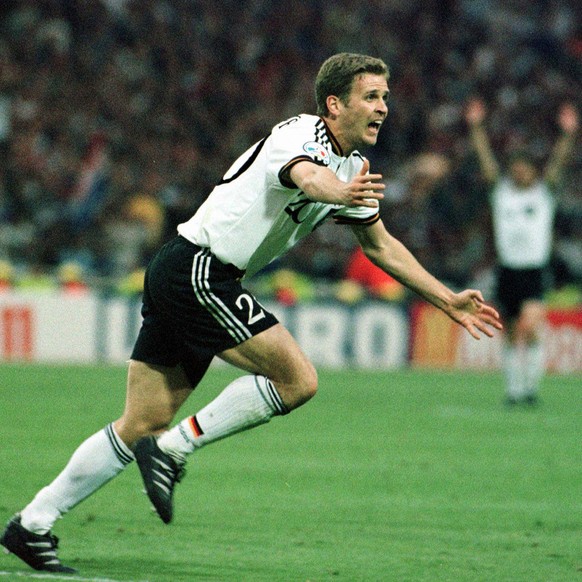 Oliver Bierhoff of Germany, celebratres after scoring the winning &quot;Golden Goal&quot; during extra-time to secure the European Soccer Championship against the Czech Republic at Wembley Stadium in  ...