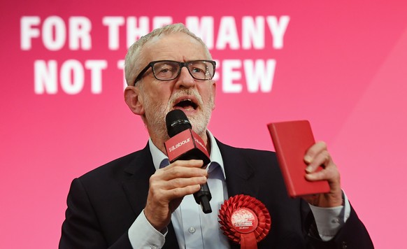 epa08063423 Labour Party Leader Jeremy Corbyn delivers a speech on the final day of general election campaigning in Bedford, Bedfordshire Britain, 11 December 2019. Britons go the polls 12 December in ...