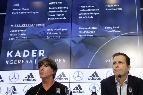 Joachim Loew, coach of the German national soccer team, left, and team manager Oliver Bierhoff listen to questions during their first news conference after the World Cup in Munich, Germany, Wednesday, ...
