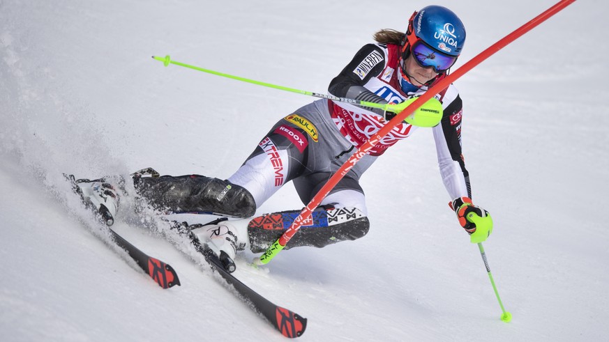 Petra Vlhova of Slovakia in action during the women&#039;s slalom race of the FIS Ski Alpine World Cup in Are, Sweden, Friday March 12, 2021. (Pontus Lundahl/TT via AP)
