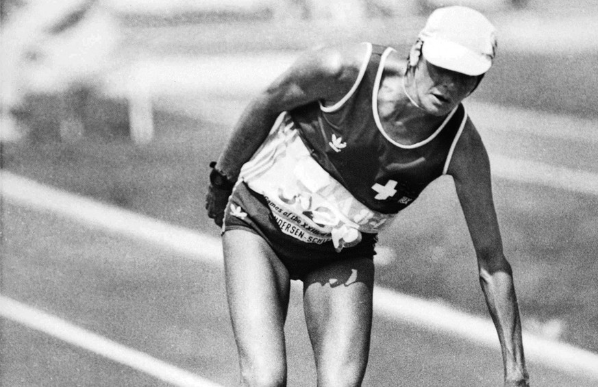 Gabriela Andersen-Scheiss, suffering from heat exhaustion, staggers to the finish line of the 1984 Olympic women&#039;s marathon in the Los Angeles Coliseum, Sunday, Aug. 5, 1984. Andersen-Scheiss fin ...