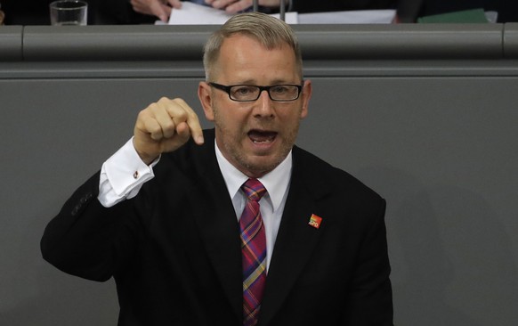Social Democratic party&#039;s Johannes Kahrs speaks in a debate of the German parliament Bundestag on the gay marriage in Berlin, Germany, Friday, June 30, 2017. (AP Photo/Markus Schreiber)