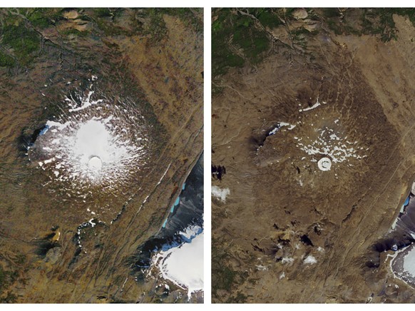 Im Jahr 1986 (links) noch ein stolzer Gletscher, nun ist er offiziell &quot;tot&quot; (rechts). Der Okjokull-Gletscher in Island.