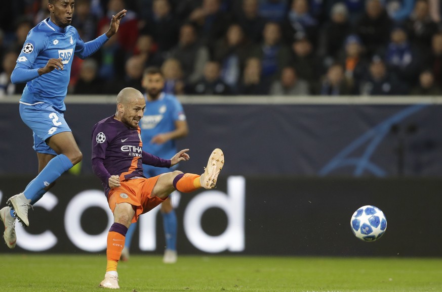 Manchester City midfielder David Silva scores his side&#039;s second goal during the group F Champions League soccer match between Hoffenheim and Manchester City at the Rhein-Neckar-Arena stadium in S ...