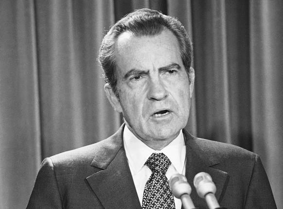FILE - In this April 17, 1973 file photo, President Richard Nixon speaks during White House news briefing in Washington. Comparisons to the Nixon-era “Saturday night massacre” were swift after Preside ...