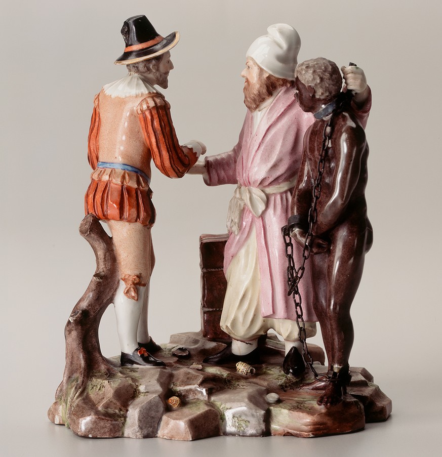 Einen Sklavenhandel darstellende Porzellanfigur, um 1775.