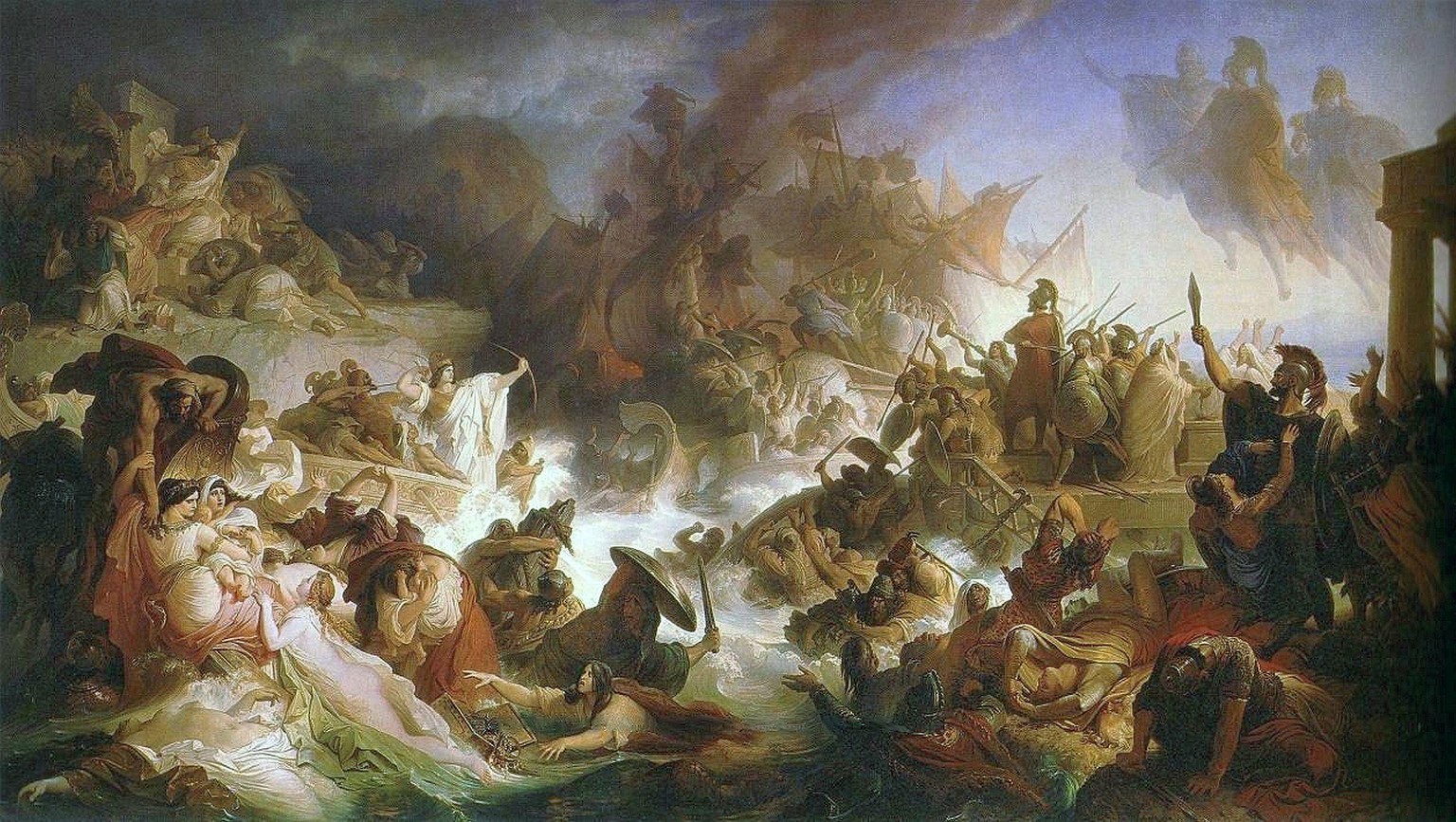 Wie sich der der deutsche Maler Wilhelm von Kaulbach die Seeschlacht von Salamis 1868 vorstellte ... Die ca. 350 griechischen Trieren waren schneller und weniger als die 500 persischen Galeeren, sodas ...