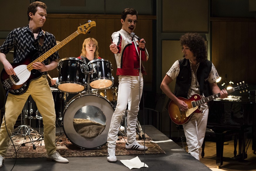 This image released by Twentieth Century Fox shows Joe Mazzello, from left, Ben Hardy, Rami Malek and Gwilym Lee in a scene from &quot;Bohemian Rhapsody.&quot; The cast was nominated for a SAG Award f ...