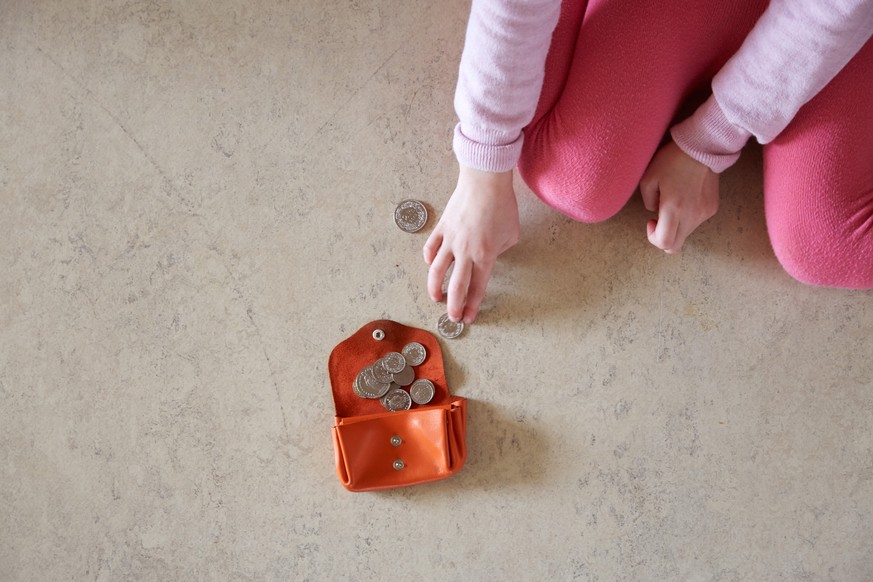 ARCHIVBILD - ZUR TASCHENGELD STUDIE STELLEN WIR IHNEN DIESES BILDMATERIAL ZUR VERFUEGUNG - [Symbolic Image, Staged Picture, ] A girl is sitting on the floor at home and counts his money, photographed  ...
