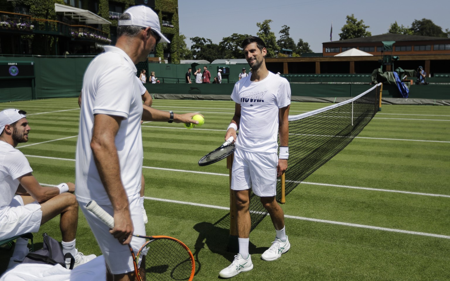 Serbia&#039;s Novak Djokovic attends a practice session ahead of the Wimbledon Tennis Championships in London Saturday, June 29, 2019. The Wimbledon Tennis Championships starts on Monday, July 1 and r ...
