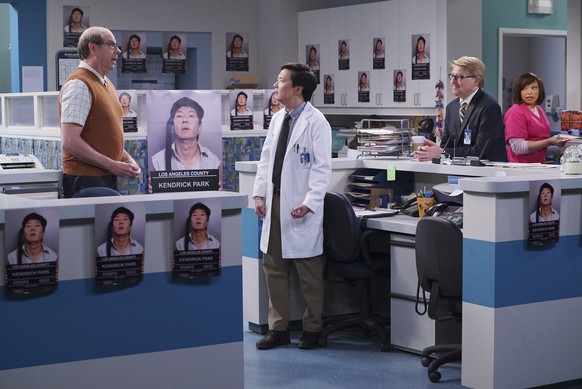 In this image released by ABC, from left, Stephen Tobolowsky, Ken Jeong, Dave Foley and Tisha Campbell-Martin appear in a scene from &quot;Dr. Ken,&quot; premiering Oct. 2 on ABC. (Danny Feld/ABC via  ...