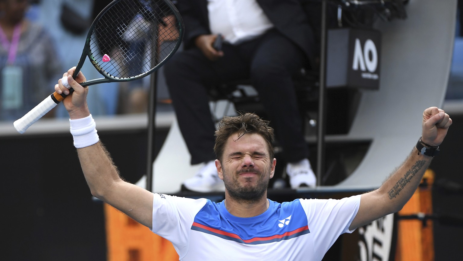 Switzerland&#039;s Stan Wawrinka celebrates after defeating Russia&#039;s Daniil Medvedev in their fourth round singles match at the Australian Open tennis championship in Melbourne, Australia, Monday ...