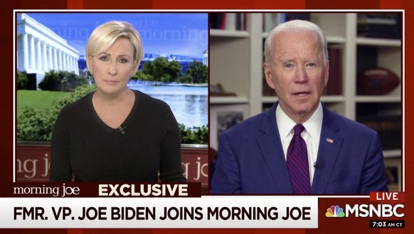This video framegrab image from MSNBC&#039;s Morning Joe, shows Democratic presidential candidate former Vice President Joe Biden speaking to co-host Mika Brzezinski, Friday, May 1, 2020. (MSNBC&#039; ...