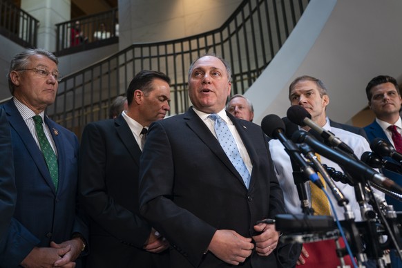 epa07943899 Republican Representative from Louisiana Steve Scalise speaks to the media after he and two dozen other Republican lawmakers stormed into the room used by the House of Representatives&#039 ...
