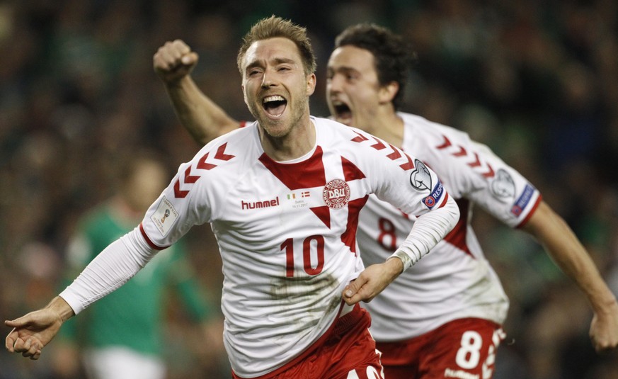 Denmark&#039;s Christian Eriksen celebrates after scoring his side&#039;s third goal during the World Cup qualifying play off second leg soccer match between Ireland and Denmark at the Aviva Stadium i ...