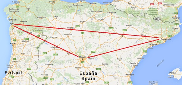 Vigo liegt mit Madrid und Barcelona im gleichschenkligen Dreieck.