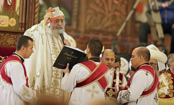 epa07266172 Pope Tawadros II of Alexandria leads a Christmas Eve mass at the newly inaugurated Cathedral of Nativity in the New Administrative Capital, Egypt, 06 January 2019. The Middle East&#039;s b ...