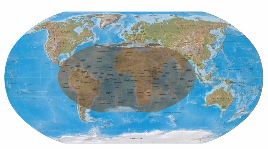 Grössenvergleich Mars – Erde: Oberfläche des Mars auf eine Weltkarte projiziert.