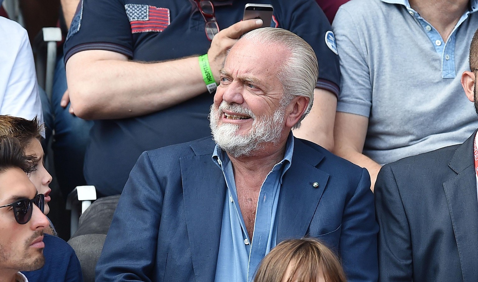 Napoli&#039;s president Aurelio De Laurentiis attends a Serie A soccer match between Torino and Napoli at the Olympic stadium, in Turin, Italy, Sunday, Sept. 23, 2018. (Alessandro Di Marco/ANSA via AP ...