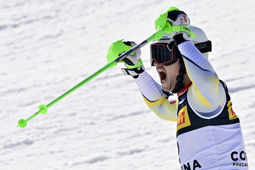 Sebastian Foss-Solevaag of Norway reacts in the finish area during the second run of the men&#039;s Slalom race at the 2021 FIS Alpine Skiing World Championships in Cortina d&#039;Ampezzo, Italy, Sund ...