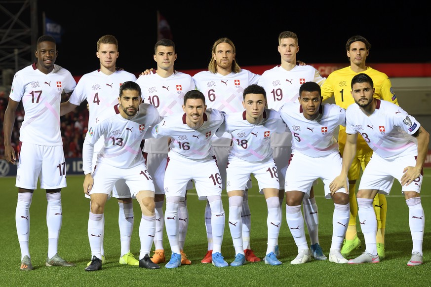 From left-top, Switzerland&#039;s players Denis Zakaria, Nico Elvedi, Granit Xhaka, Michael Lang, Cedric Itten,Yann Sommer, and from left-down, Ricardo Rodriguez, Christian Fassnacht, Ruben Vargas, Ma ...